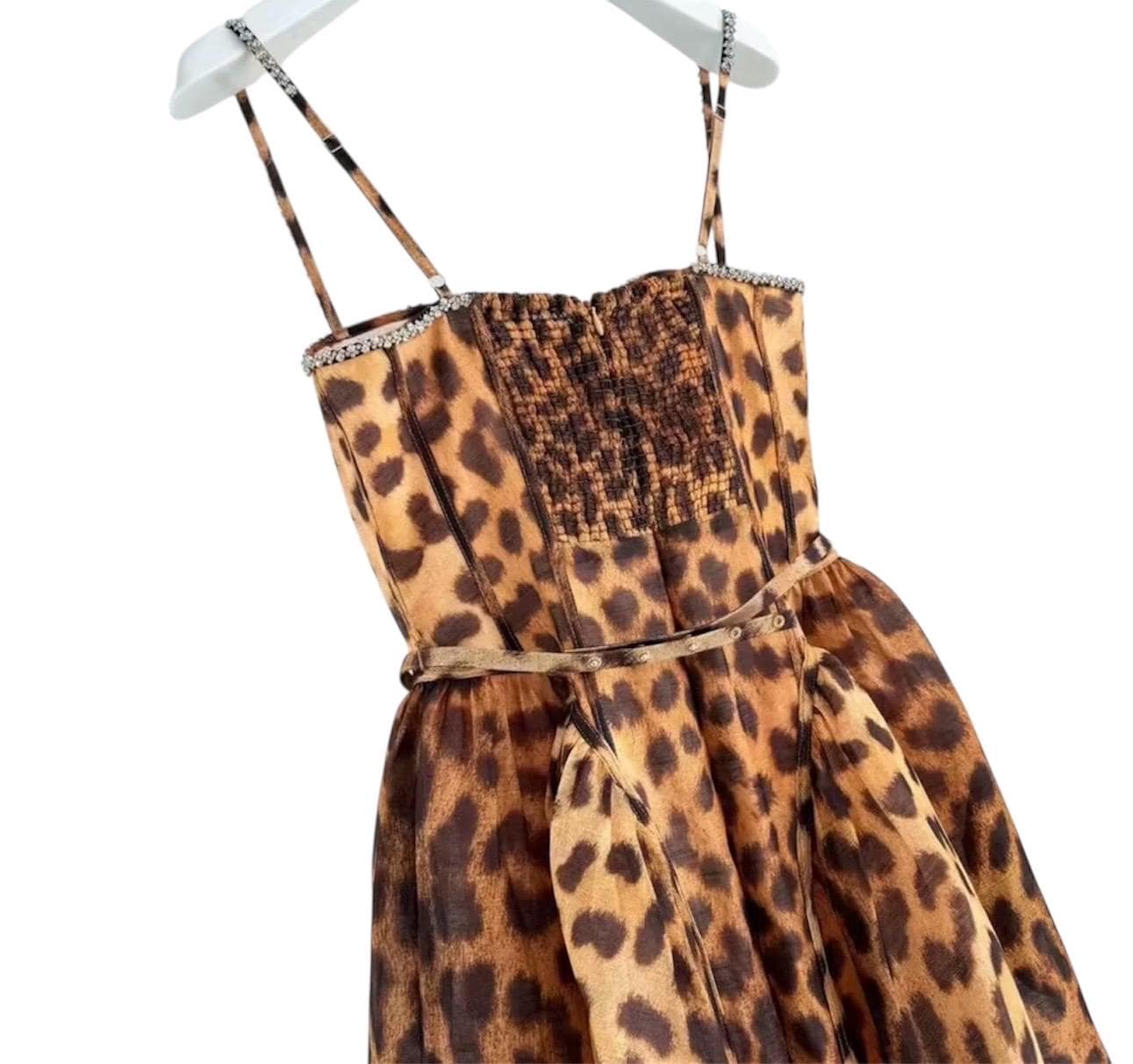 Handmade Italian Linen Silk Midi Dress: Leopard Print, Swarovski Crystals