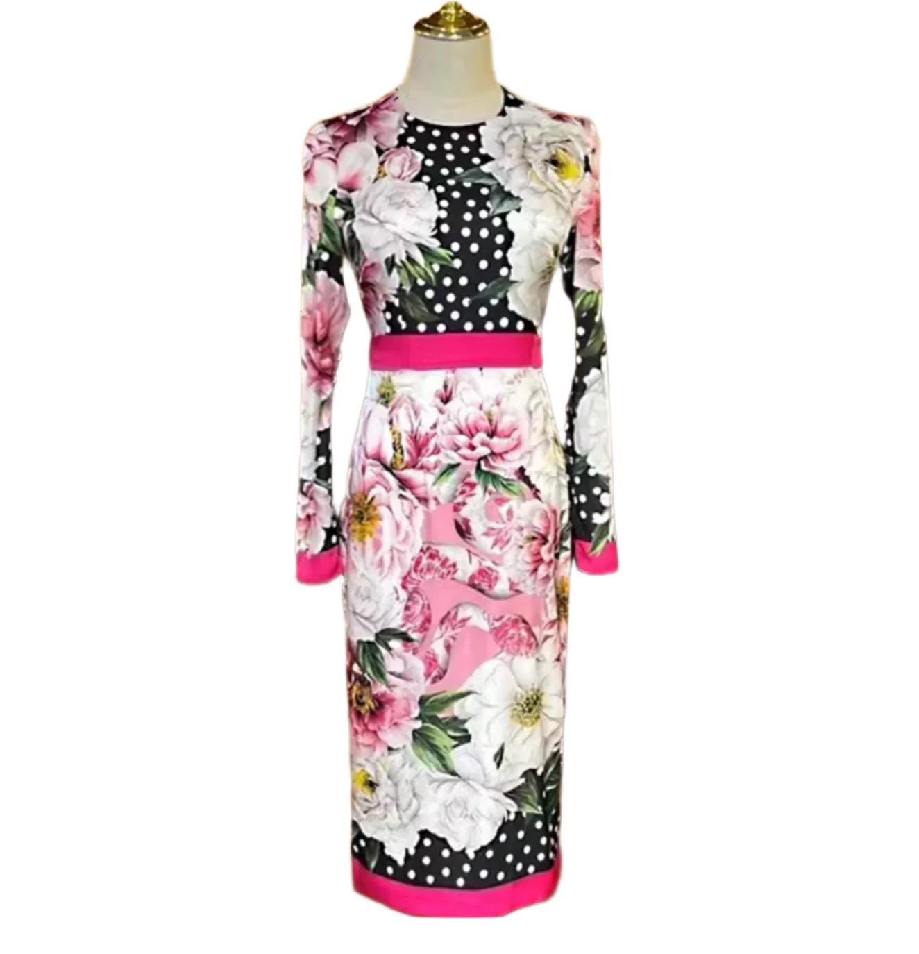 Italian Luxury Designer Polka dot Roses print 100% silk dress
