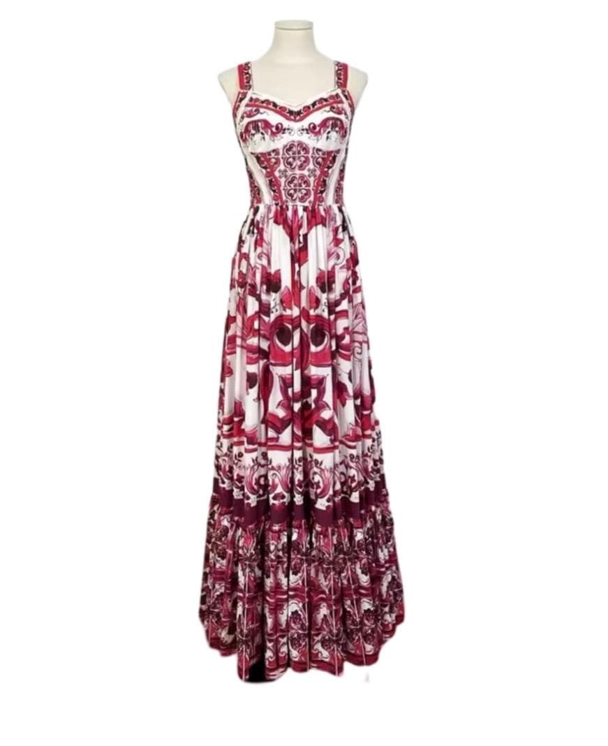 Handmade Italian Tiles Majolica Print 100% cotton Porcelain Print Long Sundress Red color