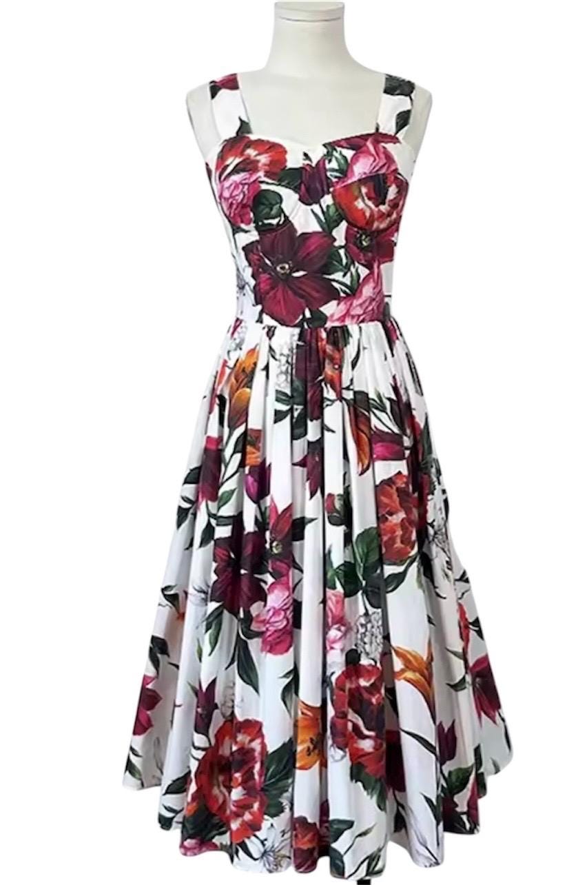 Handmade Italian designer Floral Print Popeline Midi Dress 100% cotton