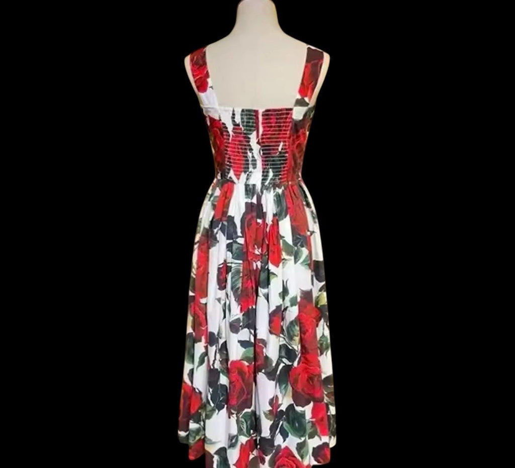 Handmade Italian designer floral-print roses print midi dress push up cotton dress