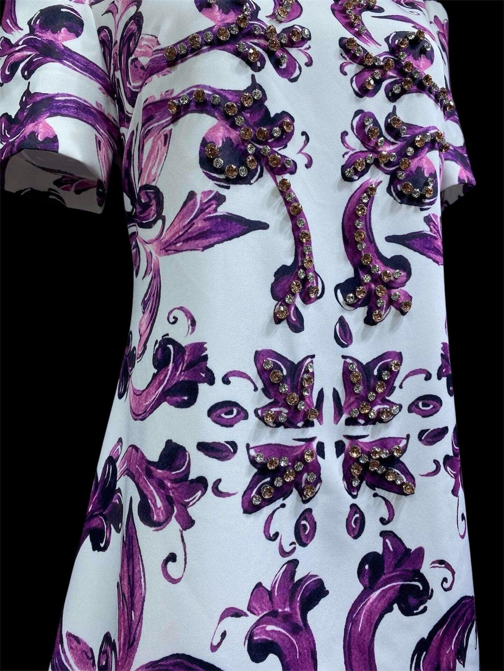 Italian Majolica Print Dress: Rhinestone Detail, Purple Cotton Blend
