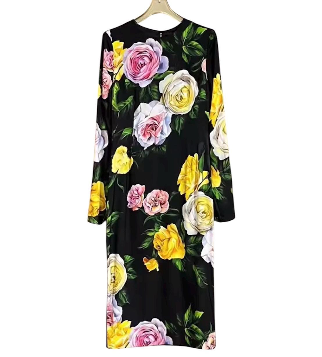Handmade Italian Long sleeves Roses print silk dress