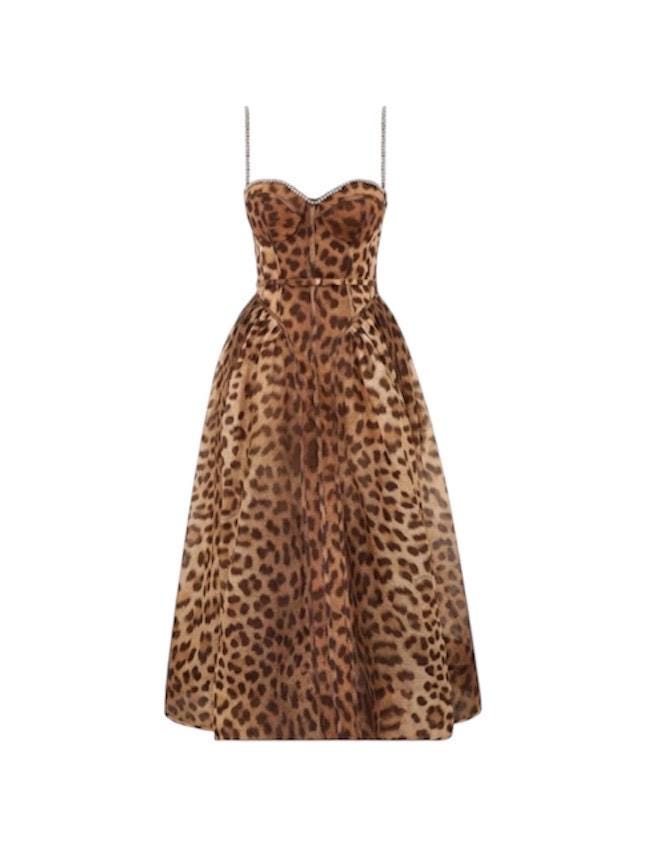 Handmade Italian Linen Silk Midi Dress: Leopard Print, Swarovski Crystals