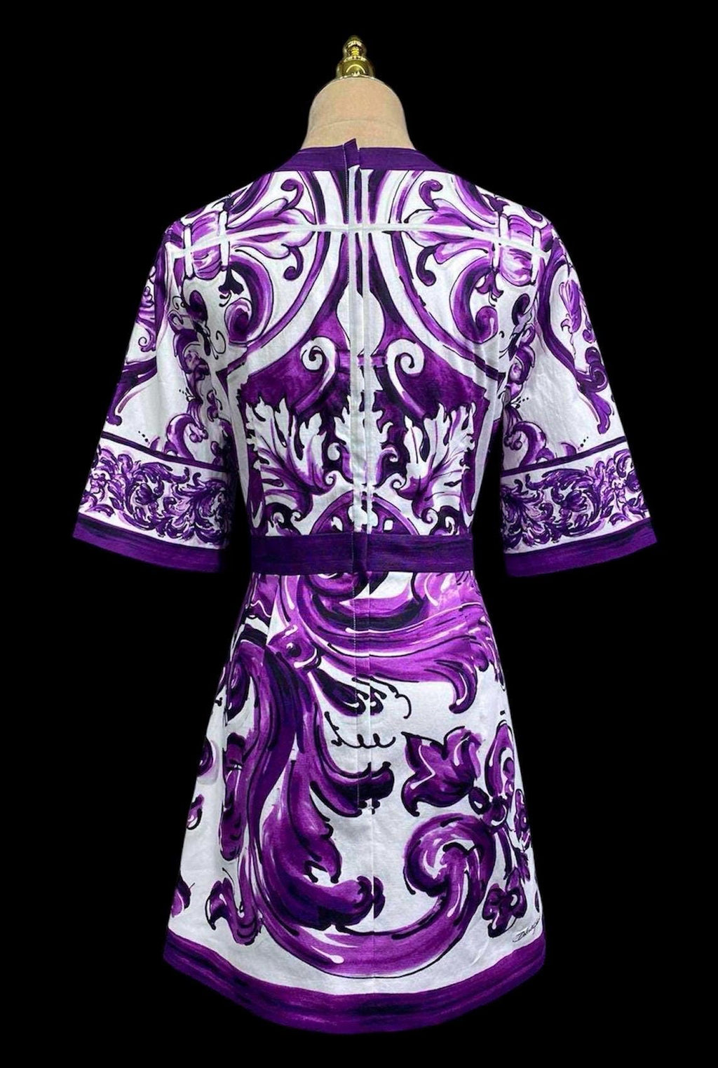Italian Designer Cotton Mini Dress: Pink Roses Print, Purple Sleeves