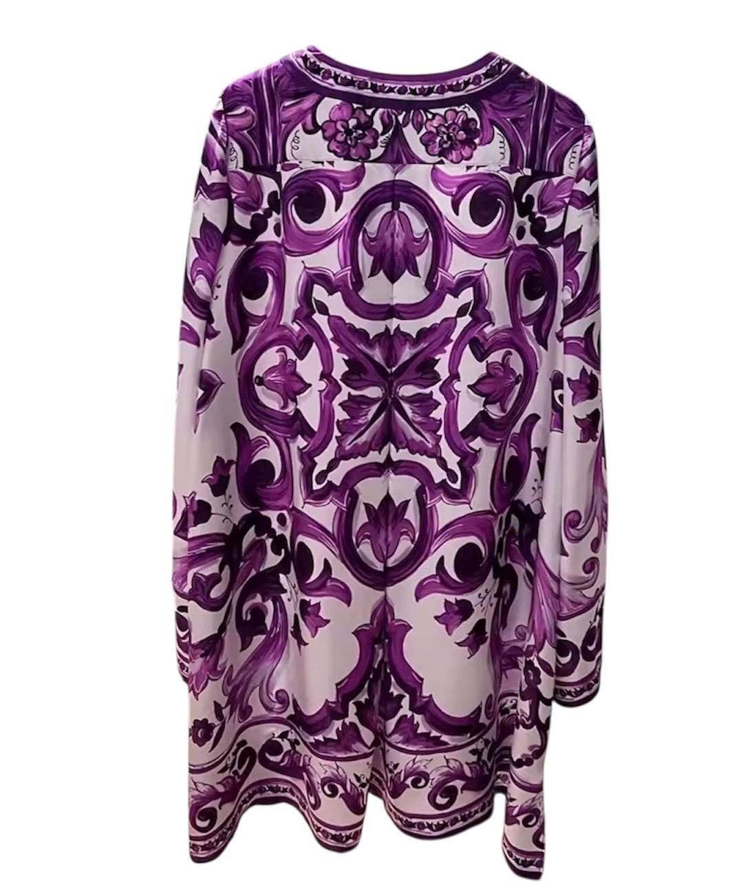 Handmade Italian Silk Brocade Mini Dress: Majolica Print Long Sleeve