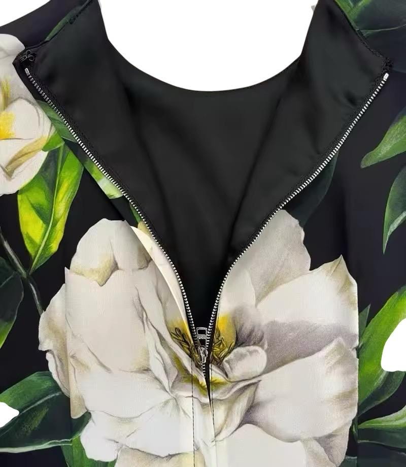 Italian Luxury Designer White Roses print long sleeve 100% silk dress Summer dress