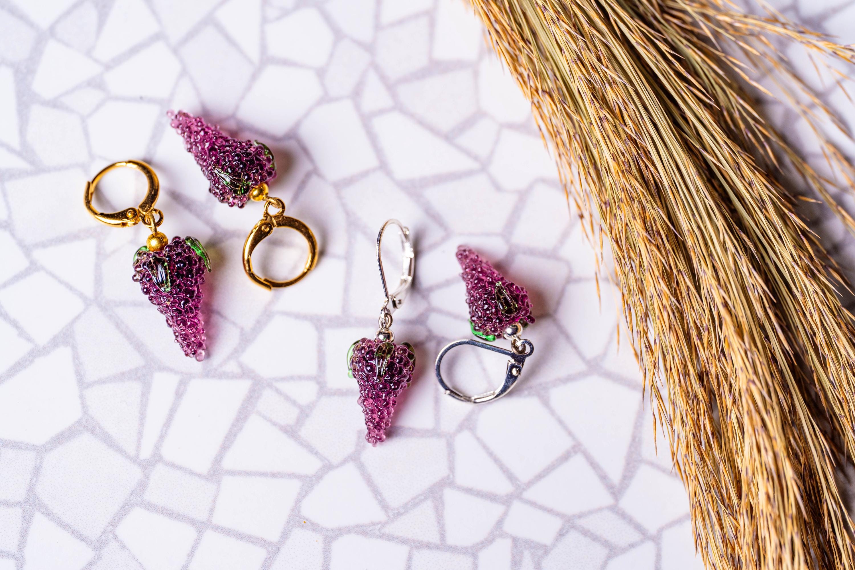 Handmade Murano Glass Grape Earrings: 925 Sterling Silver Hoops