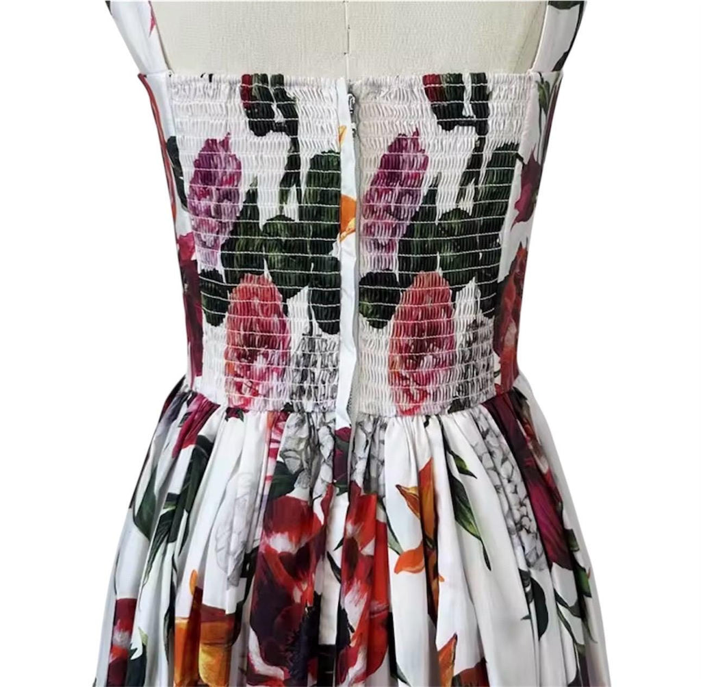 Handmade Italian designer Floral Print Popeline Midi Dress 100% cotton