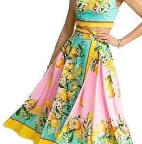 Handmade Italian Tiles Style Positano Lemon Dress Set Crop Top and Skirt