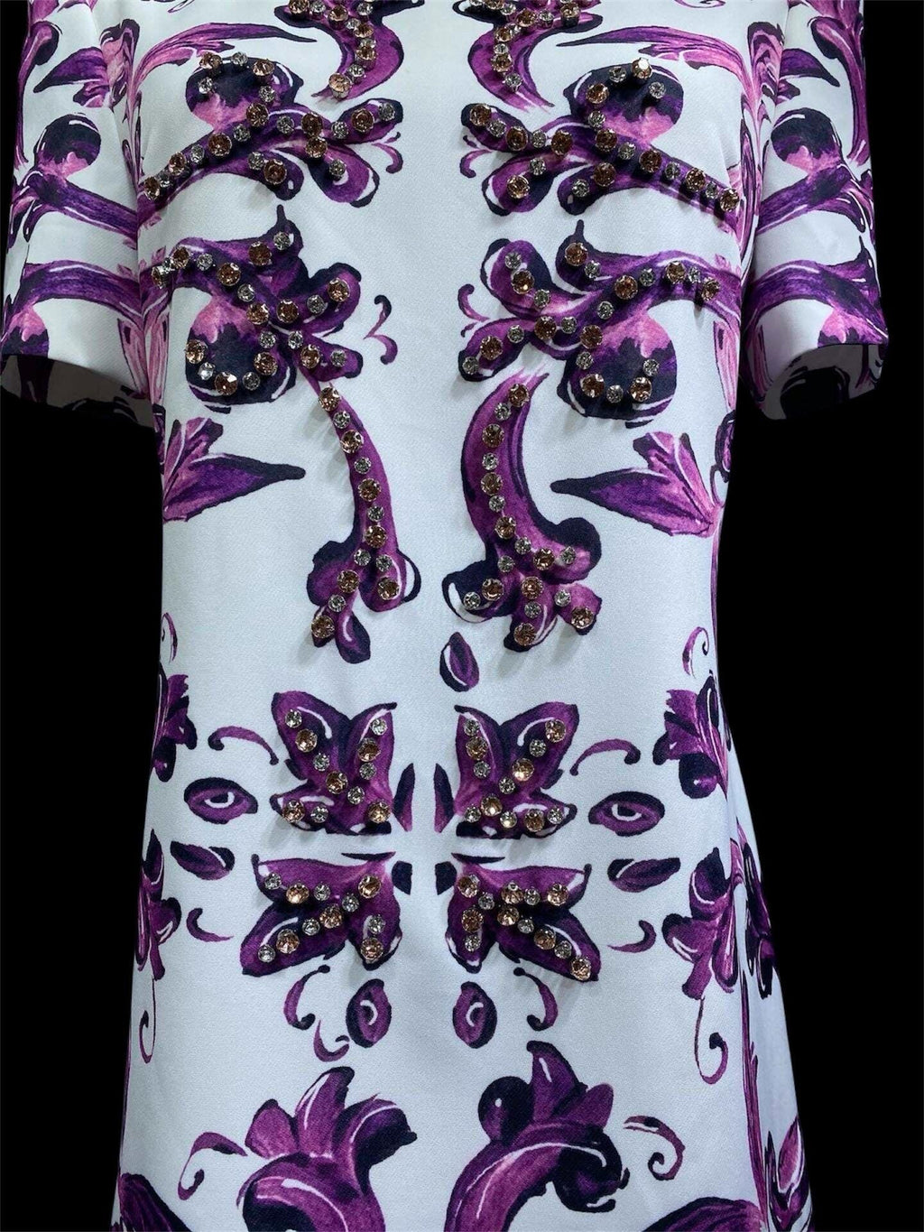 Italian Majolica Print Dress: Rhinestone Detail, Purple Cotton Blend