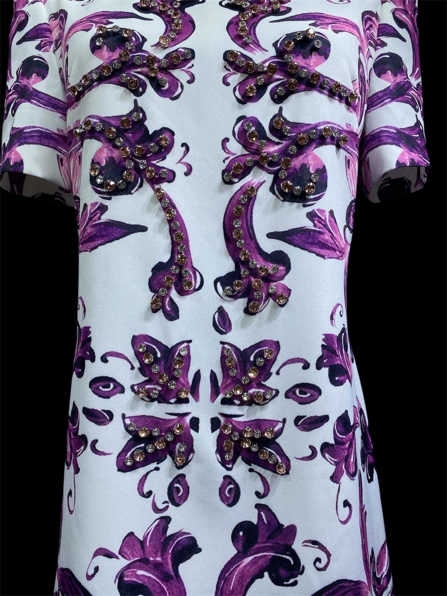 Italian Majolica Print Dress: Rhinestone Detail, Purple Cotton Blend