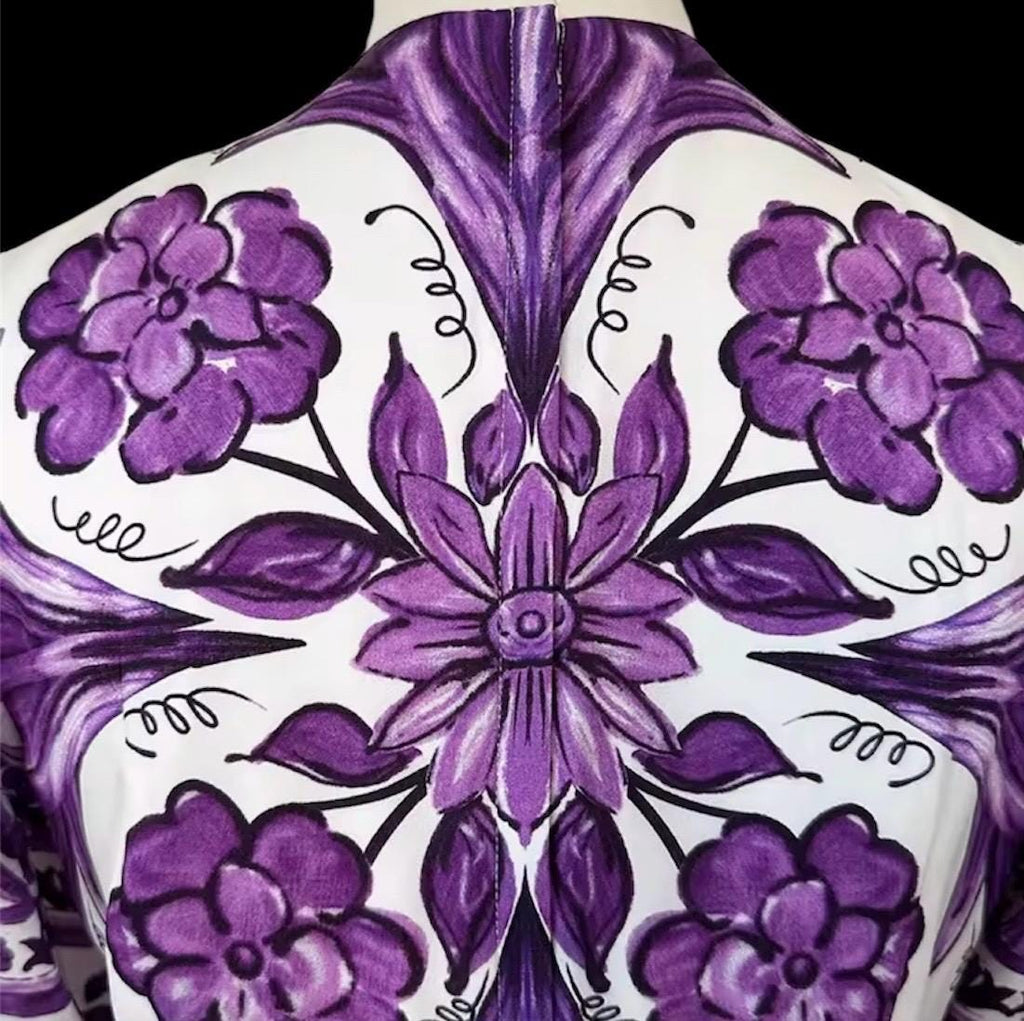 Italian Silk Occasion Dress: Purple Majolica Print, Full Sleeves