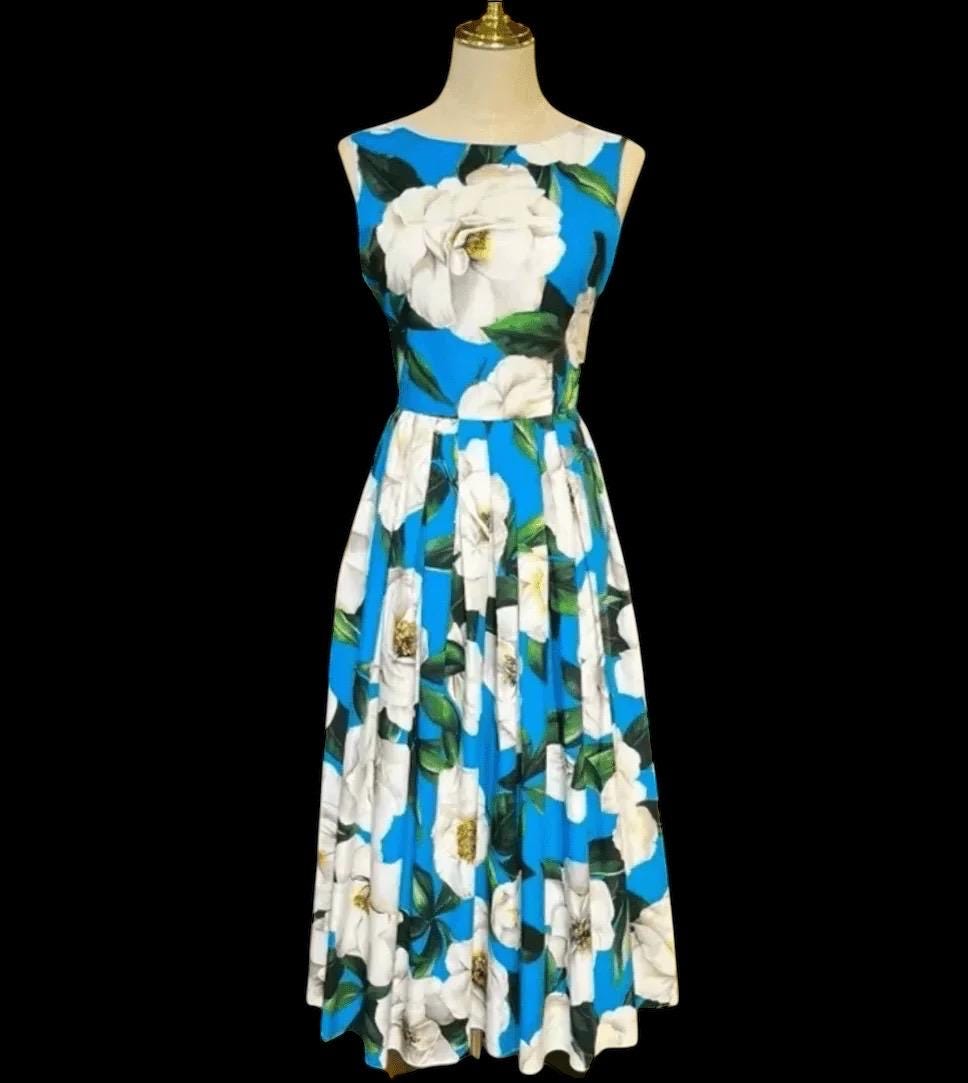 Italian designer White Roses on Blue print plunge back 100% cotton dress