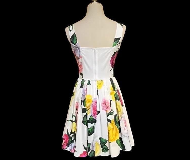 Italian Luxury Pink and Yellow roses print sleeveless 100% cotton dress