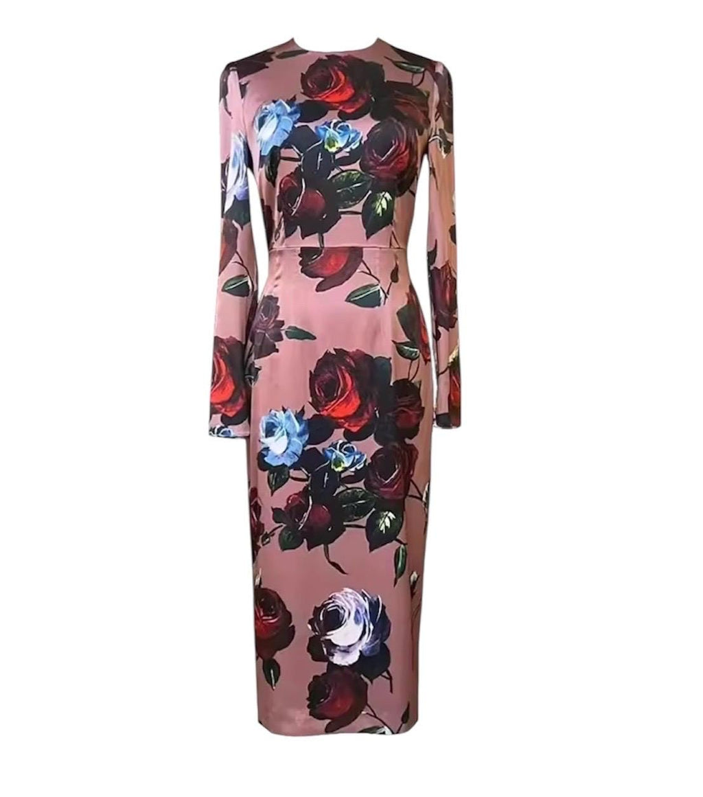 Italian Luxury Designer Floral long sleeve pure silk midi dress