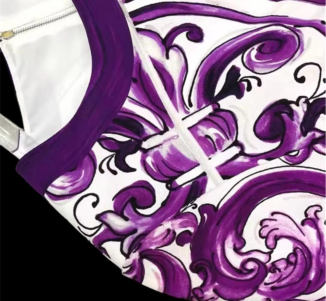 Italian Designer Cotton Mini Dress: Pink Roses Print, Purple Sleeves
