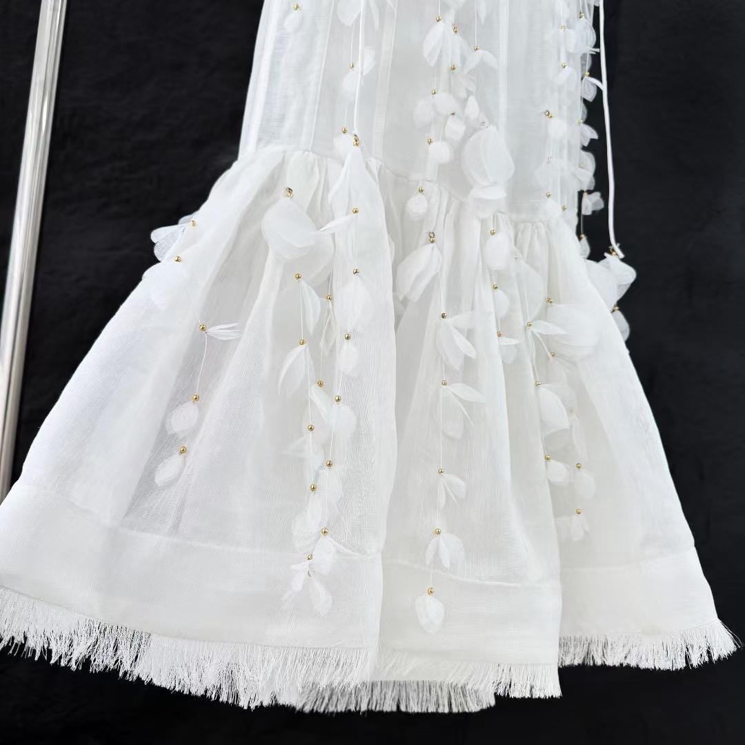 Floral Linen Silk Midi Dress: Italian Designer Handmade Luxury White color Wedding dress