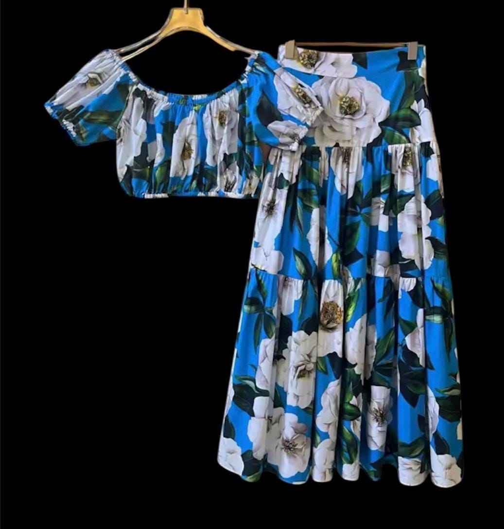 Handmade Italian designer Long ruffled skirt in gardenia-print cotton and blouse | Gardenia Print set