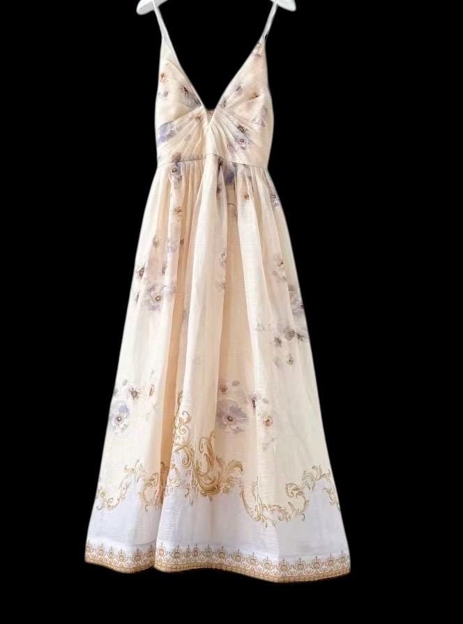Floral Linen Silk Midi Dress: Italian Designer Handmade Luxury