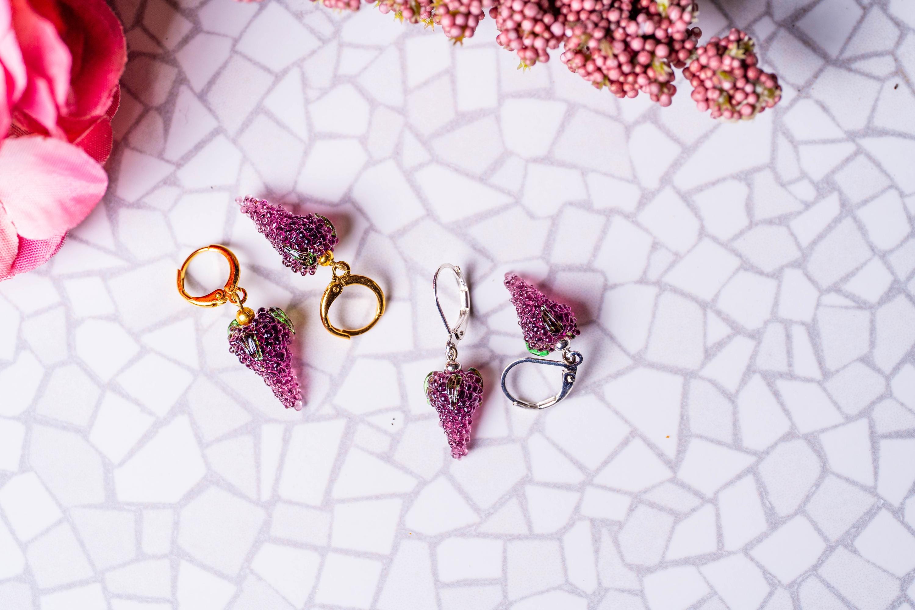 Handmade Murano Glass Grape Earrings: 925 Sterling Silver Hoops
