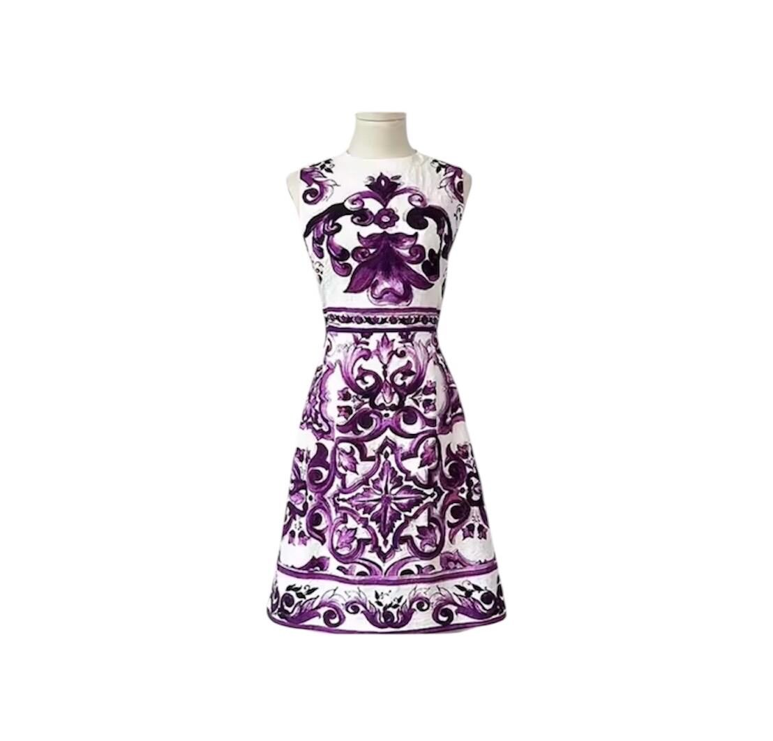 Handmade Italian designer Brocade Majolica print sleeveless mini dress, purple white Minidress summer dress