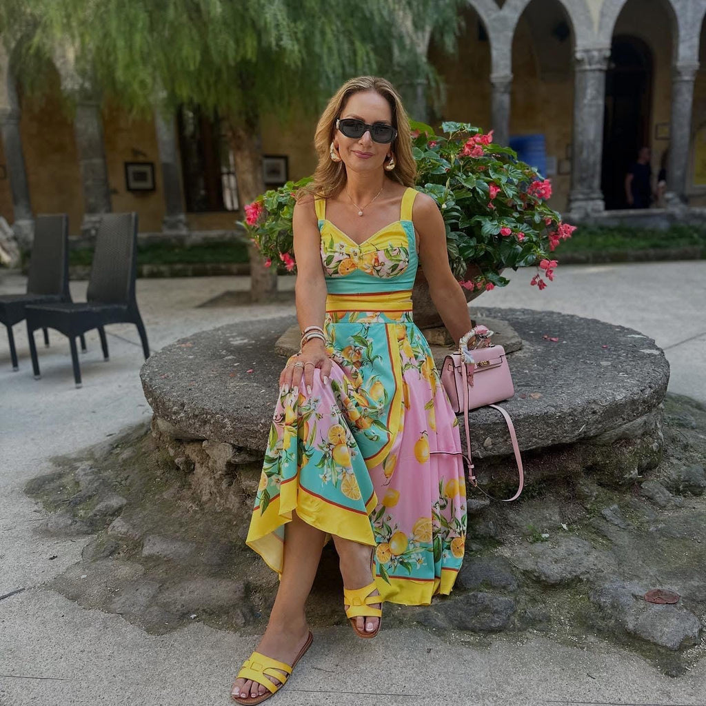 Handmade Italian Tiles Style Positano Lemon Dress Set Crop Top and Skirt