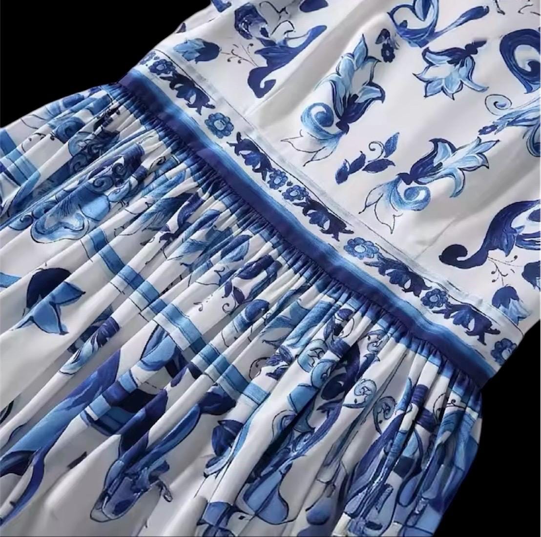 Italian Luxury Blue Tiles Majolica shirt sleeve dress silk dress