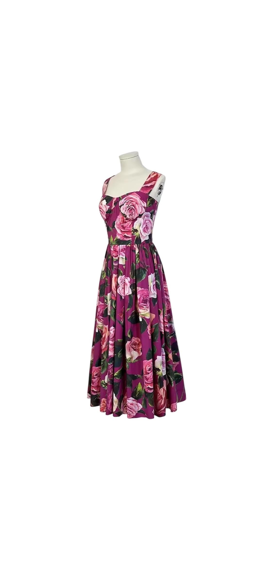 Italian Luxury designer Magenta Roses print push up 100% cotton dress